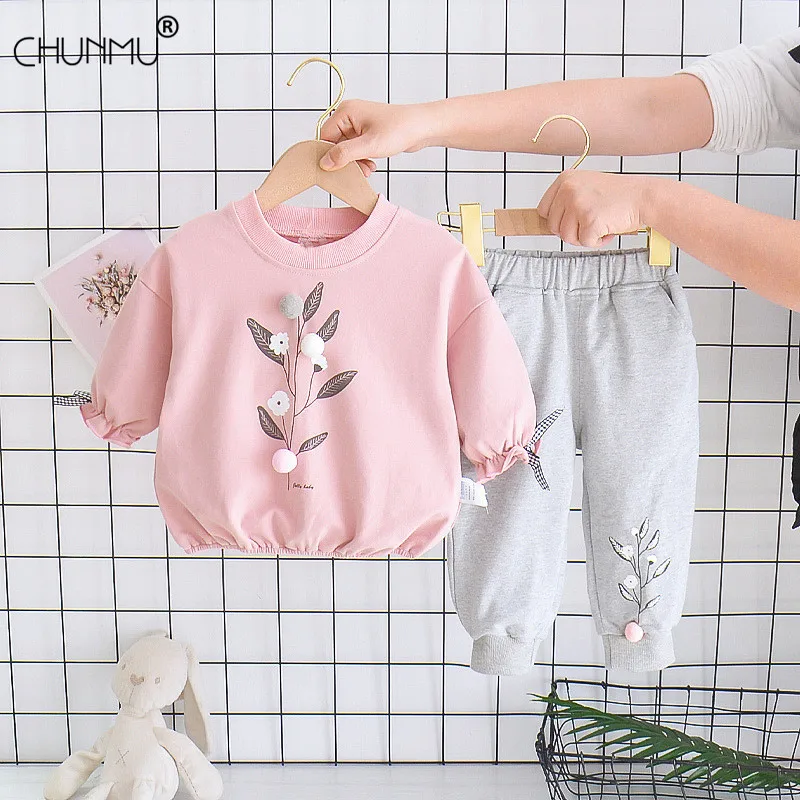 

Повседневный Спортивный костюм для девочек, брюки с длинным рукавом, футболка с принтом + штаны, весна-осень, 2021, 9 months to 4 years Old