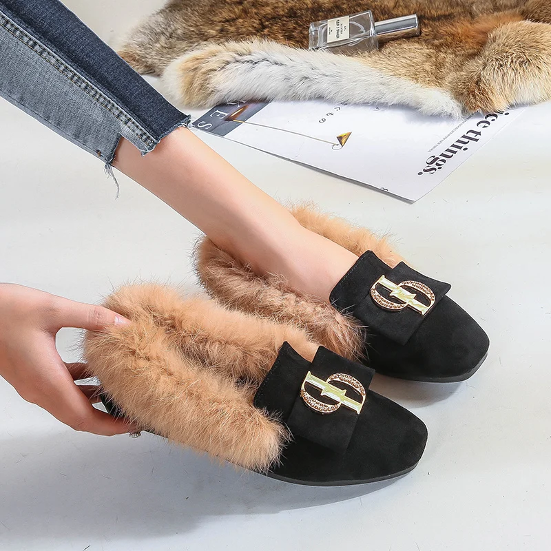 

2020 Winter Spring Luxury Women Crystal Warm Fur Ballet Flats Comfortable Boat Shoes Plus Size Ballerina Flats Designer Shoes