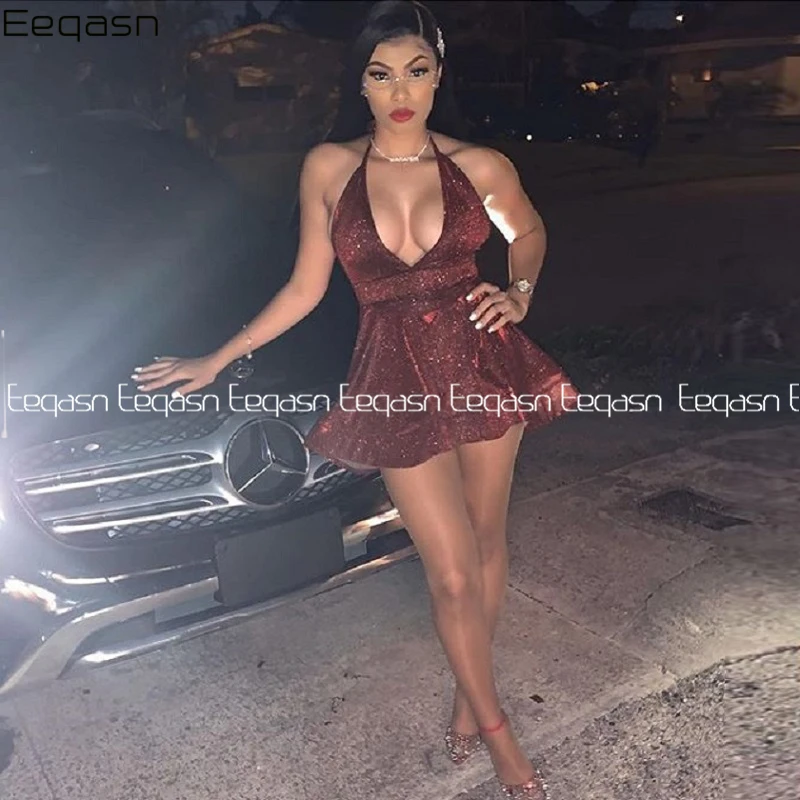 Новые сексуальные блестящие короткие коктейльные платья а силуэта с глубоким V