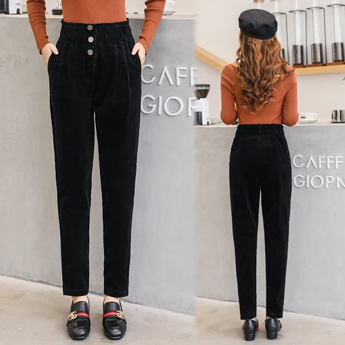 Women Corduroy Pants Vintage Casual Warm Woman Corduroy Trousers Loose Harem Pant S-5XLPlus Size Autumn Winter New Fashion - Цвет: black