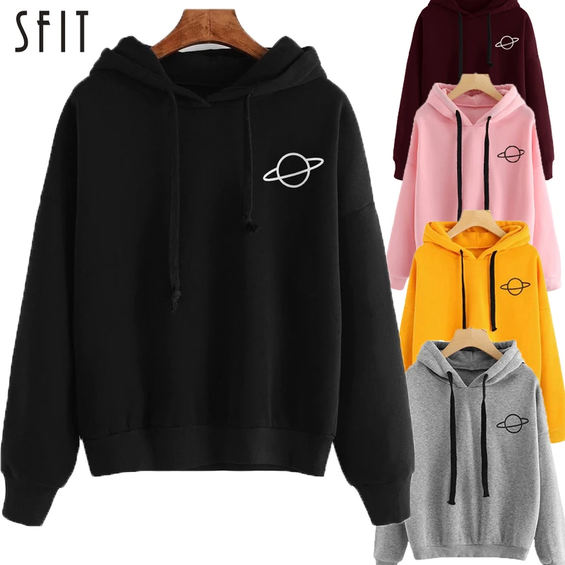SFIT, женские толстовки, повседневные, Kpop, с принтом планеты, одноцветные, свободные, на шнурке, толстовка с длинным рукавом, с капюшоном,, Осенний Женский пуловер