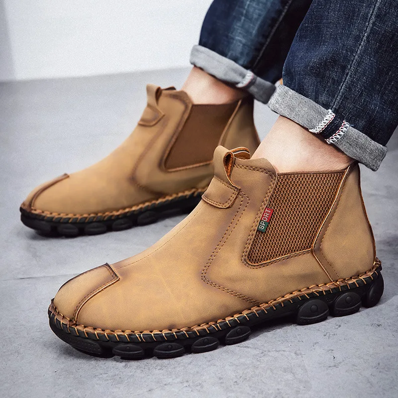 

CEVABULE Winter Boots Men's 2020 New Large Size Flat Heel Stitching Motorcycle Boots Warm Work Ankle Boots CLK-1189088