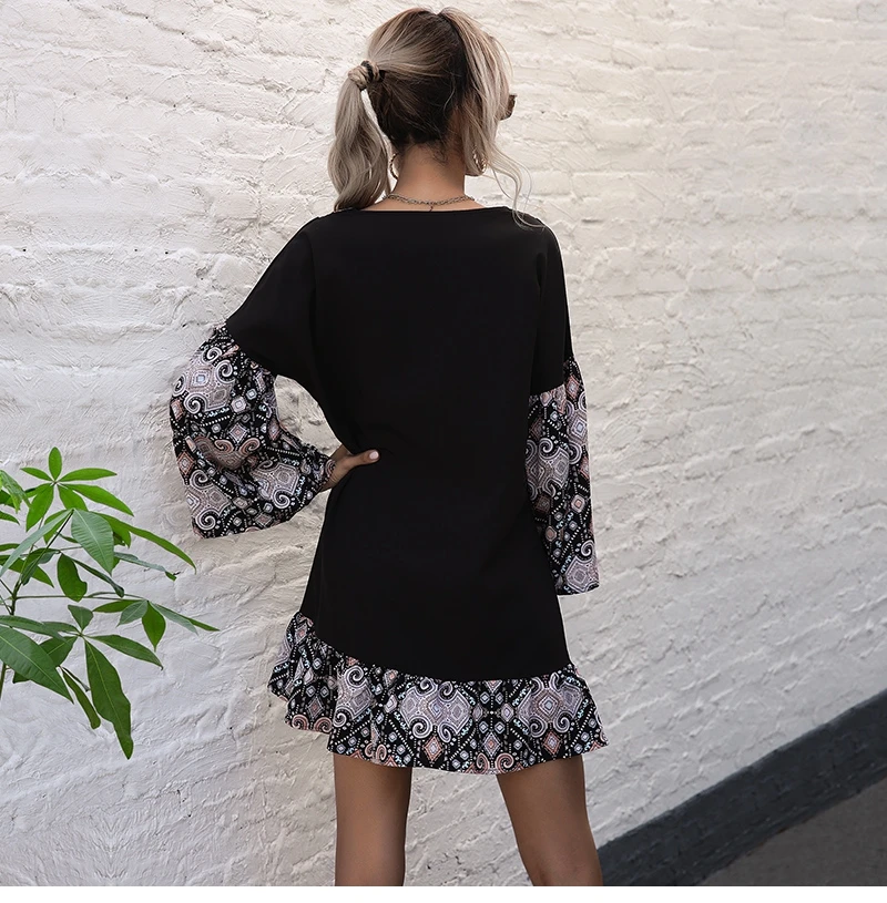 

Fashionable Stitching Printed V Neck Flared Long Sleeved Mini Dress Women's 2021 Spring Summer Casual Floral Short Dress