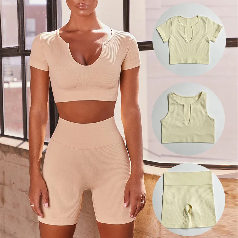 

New 2 Pieces V Neck Women Seamless Yoga Sets Female Fitness Sports Suit GYM Sexy Sports Bra High Waist Leggings Workout Clothing