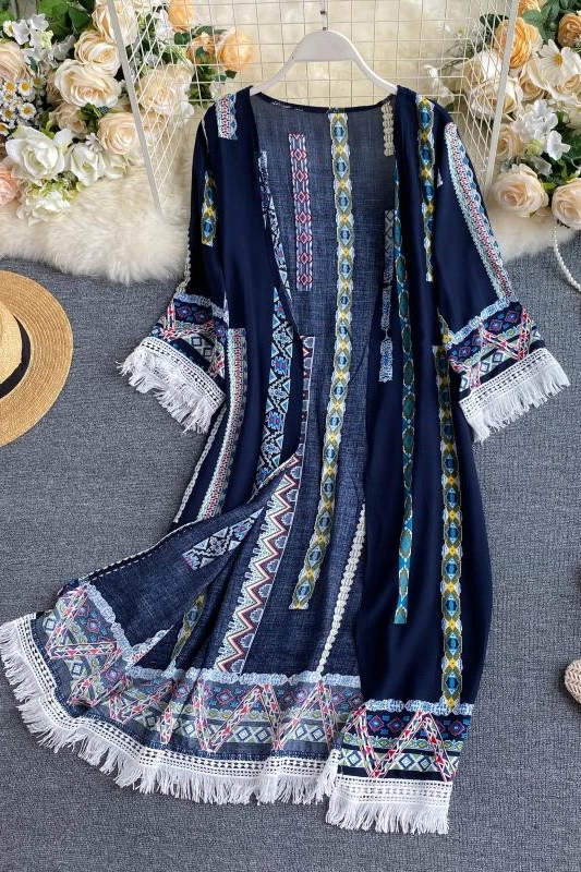 

Spring Summer Bohemian Retro Ethnic Print Sunscreen Shirt Women Thin Cardigan Fringed Stitching Jacket Boho Ethnic Women 2021