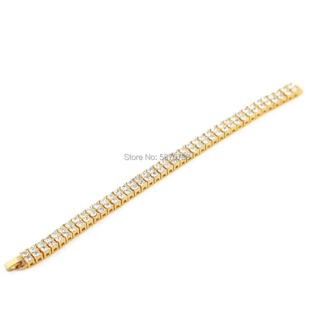 

2 Rows Zirconia Bracelet Wristband Black Gold Plated Alloy Hip Hop Jewerly for men