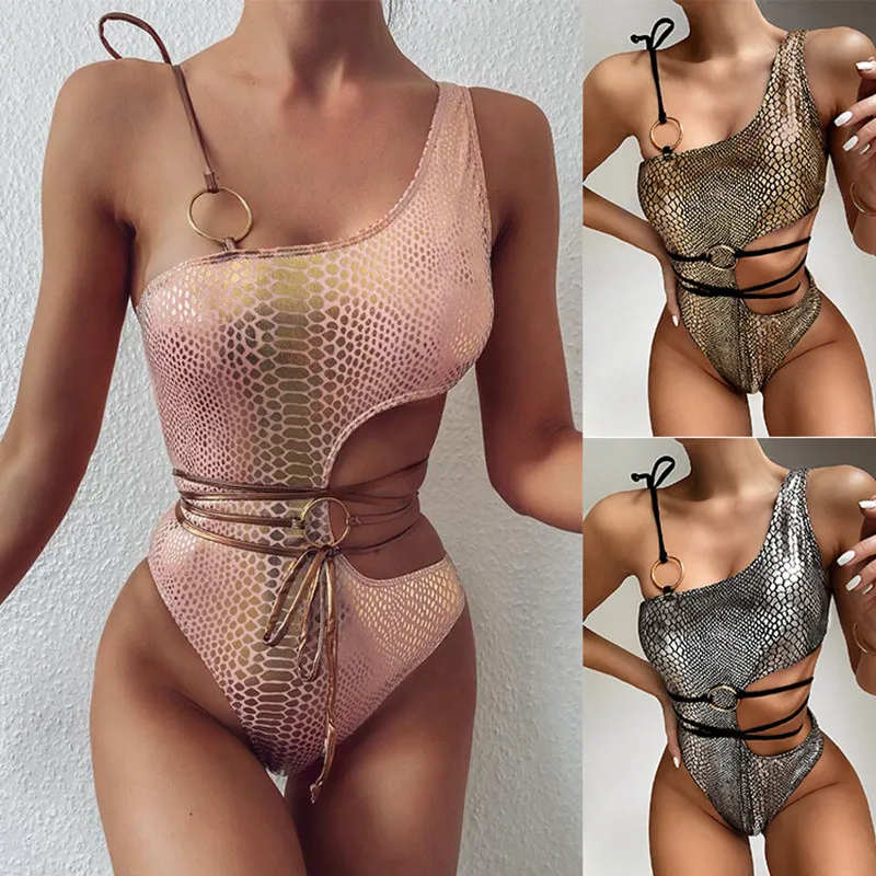 

Serpertine Print One-Piece Swimsuit With Push Up Bikinis Thong Women Sets Rope Bandage Brazilian Underwear High-Waist Swimwear