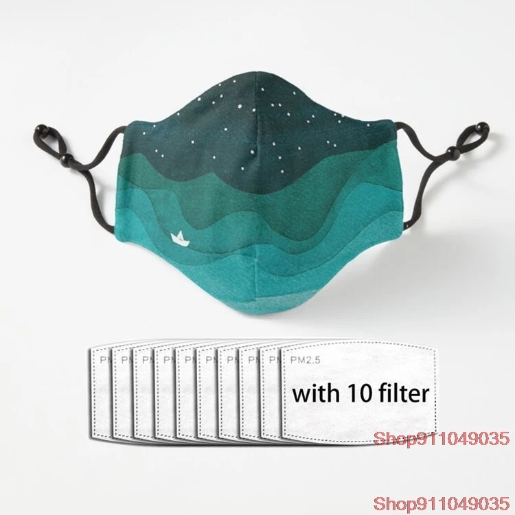 

Starry Ocean teal sailboat watercolor sea waves night Adult Facial Mask Dust Reusable Polyester Face Mouth Mask