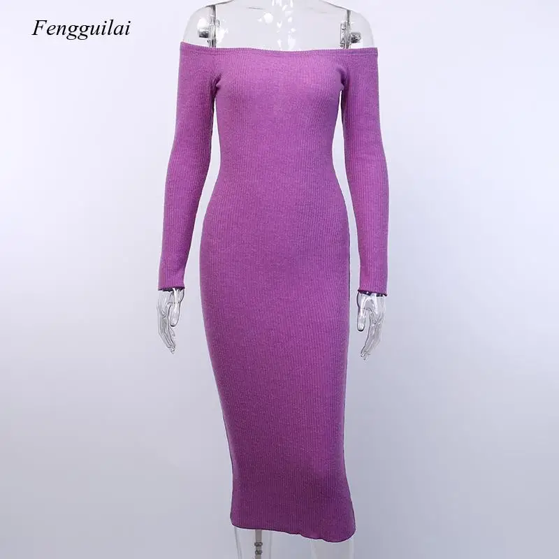 

Long Sleeve Strapless Women's Dress Off Shoulder Autumn Party Sexy Lady Knitted Cotton Casual Fashion Street Wear