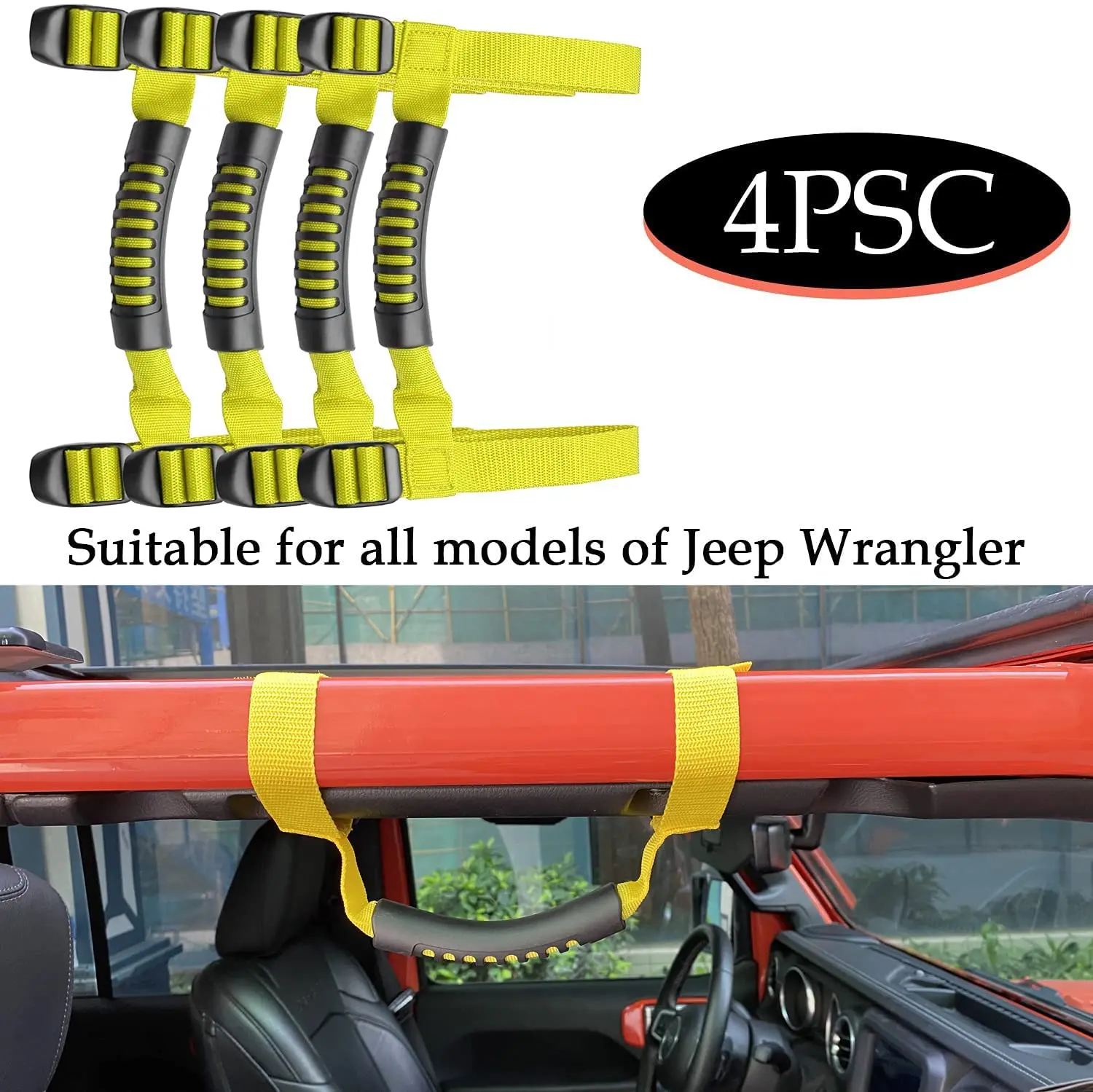 

Yellow 4 x Grip Roll Bar Grab Handles Thin Holder Premium Armrests Handle for Jeep Wrangler 1987-2021 YJ TJ LJ JK JL Accessories