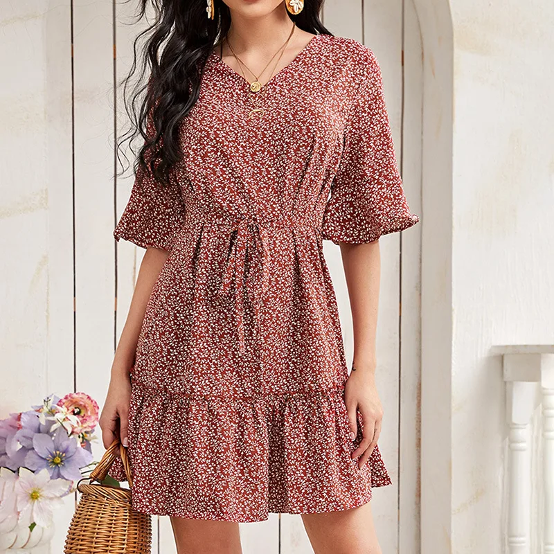 

New Casual A Line Printed Hedging Stitching Dress Summer 2021 Women V Neck Short Sleeveed Lace High Waist Chiffon Dress