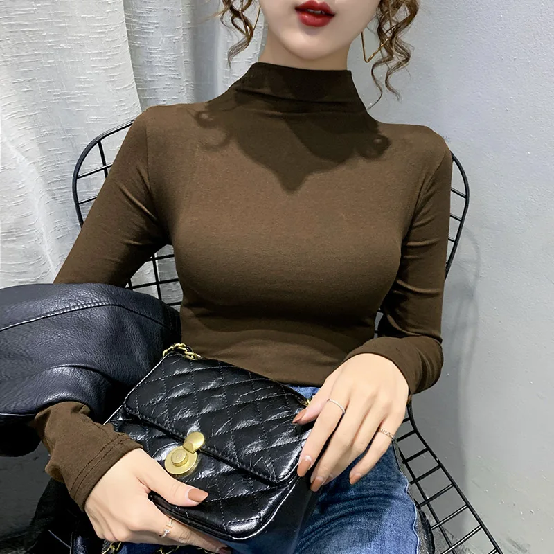 

New Elegant Women Autumn Winter Half-high neck bottoming t shirt slim top long sleeve t-shirt