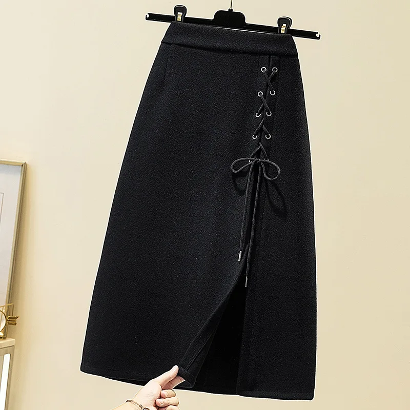 

4xl одежда больших размеров 2021 зимняя корейская модная Длинная черная юбка до щиколотки с завязками