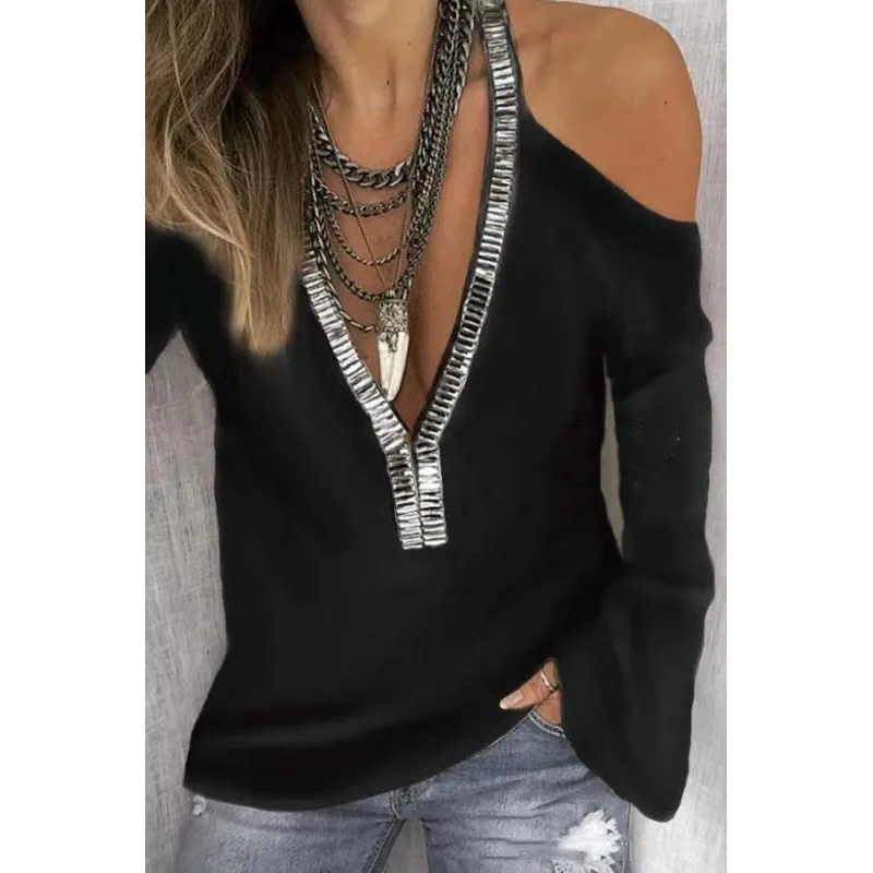 

Autumn And Winter New Women's Solid Color And V Neck Sequined Casual Long Sleeved T Shirt In Stock Camiseta De Manga Corta