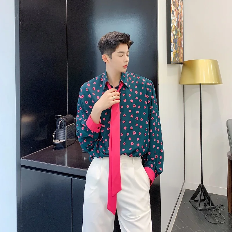 

Мужская Повседневная рубашка, с галстуком и длинным рукавом, в японском и корейском стиле, винтажная, модная, для показа, с цветочным принтом...