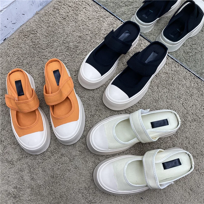 

Summer Increase In 2021 Women's Shoes Canvas Lace up Slippers Half Slippers Women Thick-soled Lazy Shoes Round Toe Slip On Shoes