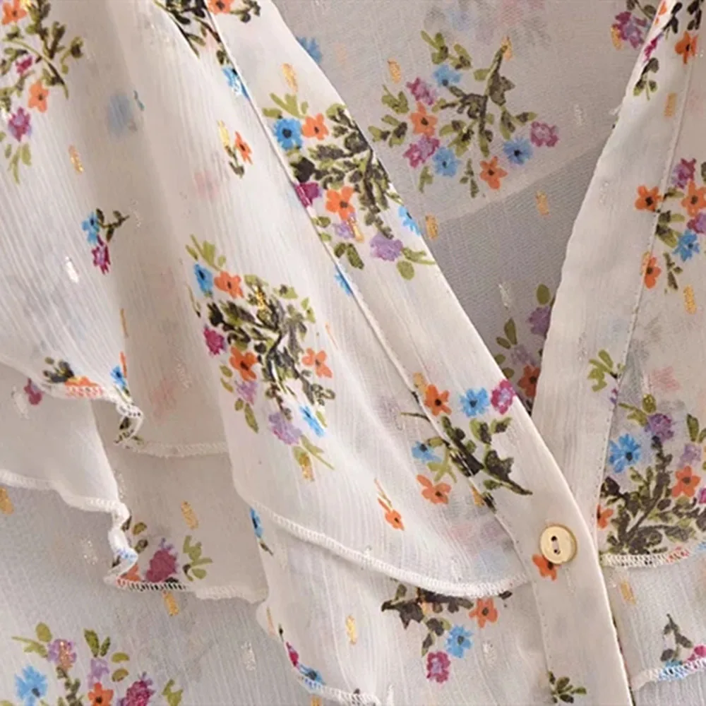 

2021 new women's elegant slimming ruffled laminated decorative floral printed shirt top T-shirt