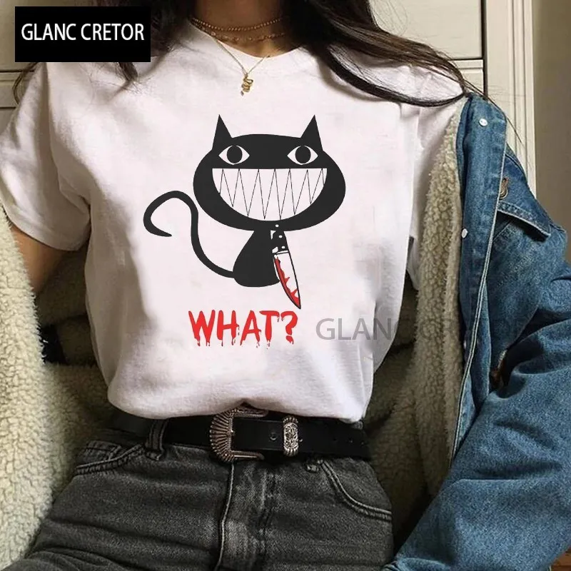 

Kawaii cat women t-shirt Women Black cat graphic T-shirt Funny Halloween t shirt For women Christmas tshirt Aesthetic clothes