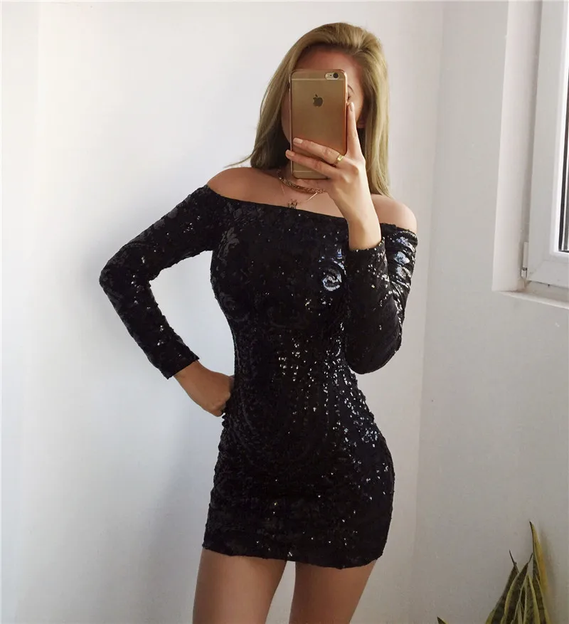 Slaygirl Long Sleeve Sequins Mini Dress Off Shoulder Women Elegant Slash Neck Sexysolid Black Silm Dresses For Party Club