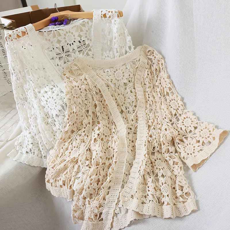 

Kimono Cardigan Beach White Summer Cardigan Women Hollow Out Cardigans Crochet Top Summer Shirt 2020 Korean Shirts Lace Blouse
