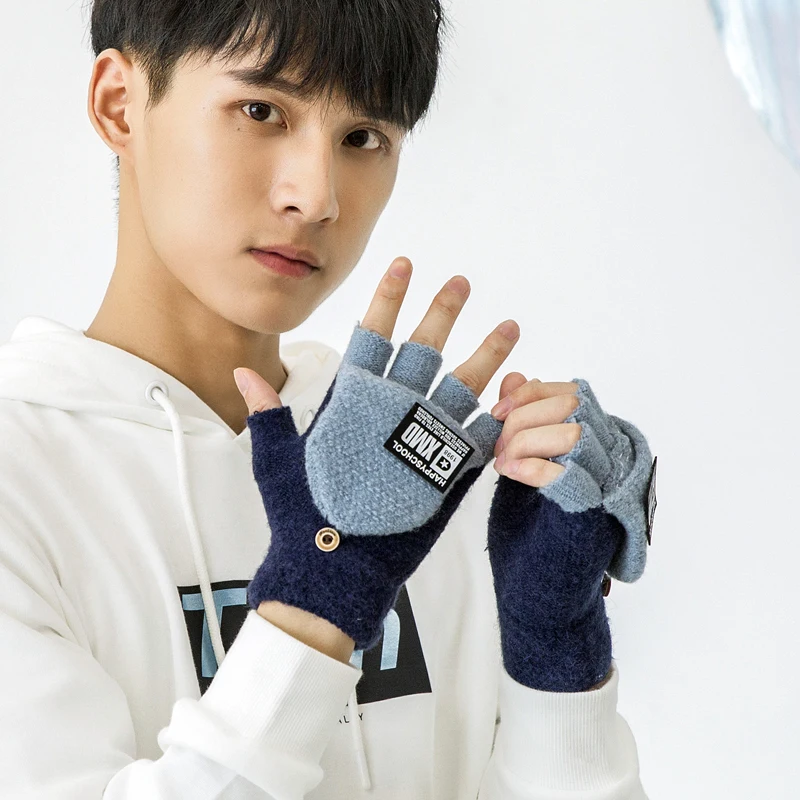 Зимние мужские перчатки без пальцев, толстые теплые варежки Luvas Handschuhe Guantes для студентов и мальчиков, рождественский подарок - Цвет: G107 deep blue