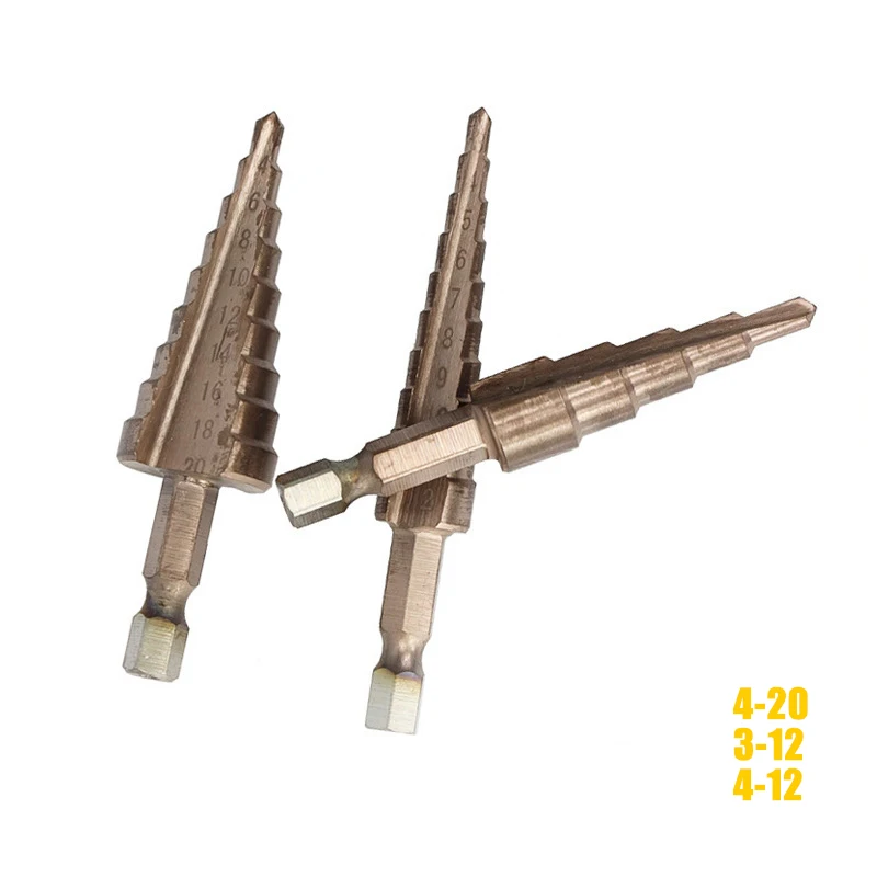 

3 pcs 3-12/4-12/4-20mm Bronze Coating HSS Step Drill Bits 1/4'' Hex Shank Wood Metal Hole Cutter Core Drilling Tools Set