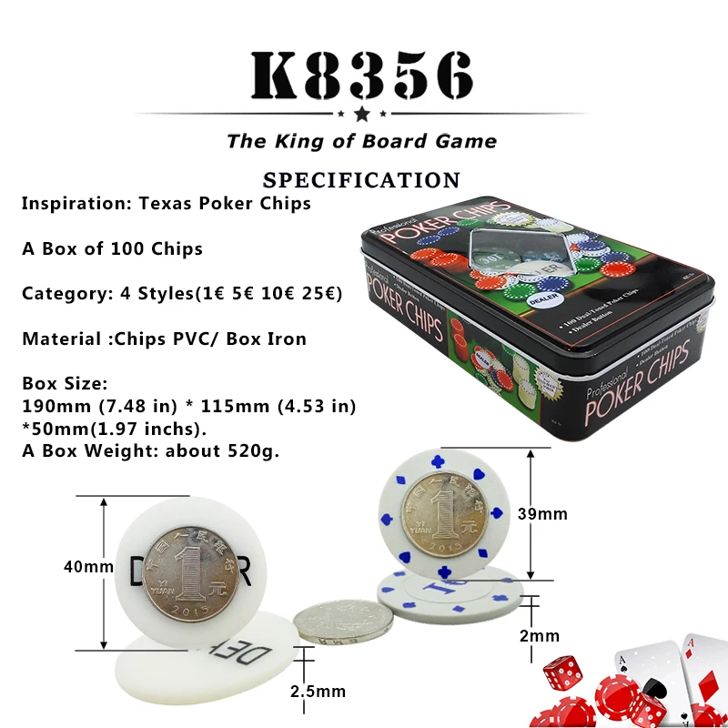K8356 высокое качество набор для казино Техас фишки для покера 100 шт. игра Жетоны тонкие пластиковые фишки 1/5/10/25 евро четыре пары дилера