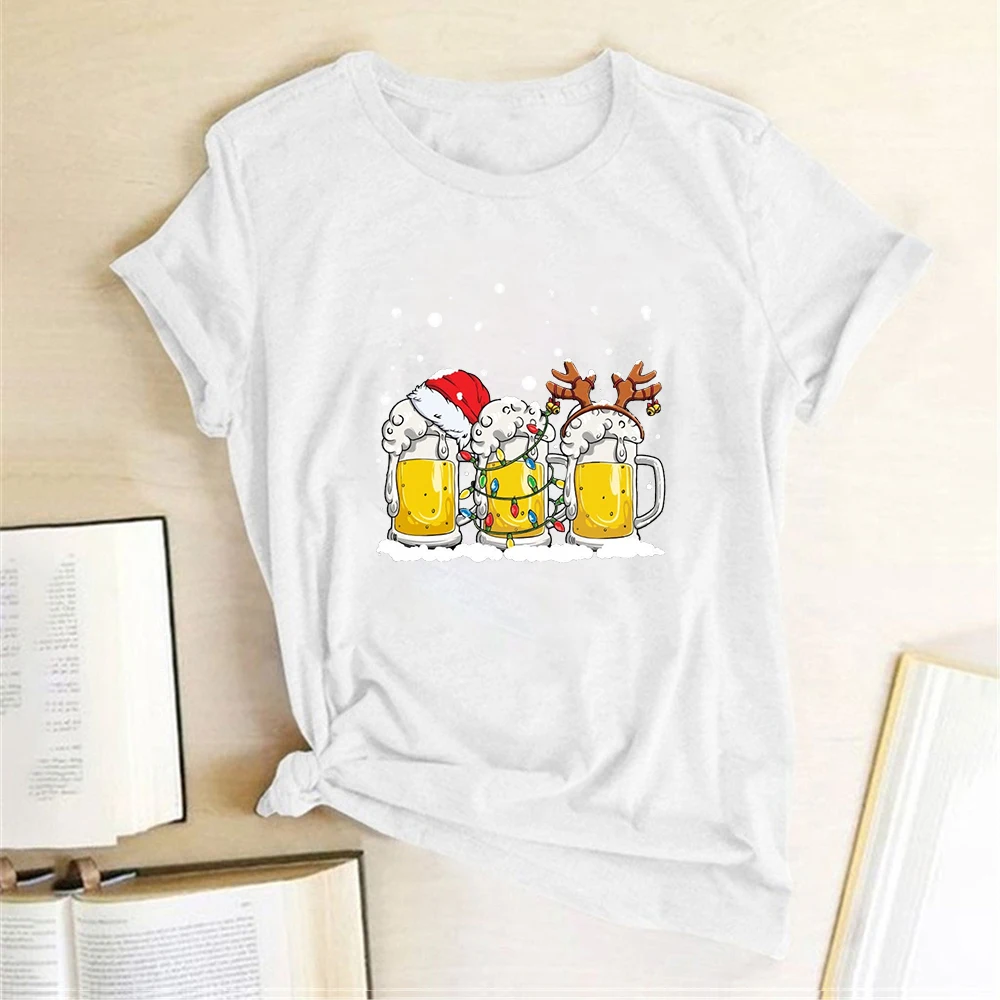 

Casual Soft Female Romantic sweet T shirt Women Top Christmas Clothes Wineglass Printed Cotton Short-sleeved Women's T-shirt