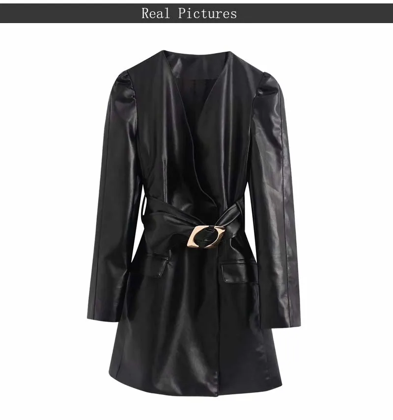 Elegant Women Blazer dress With belt Spring V-neck Office lady Black Female Faux Leather jacket Coat Fashion YNZZU 9O151