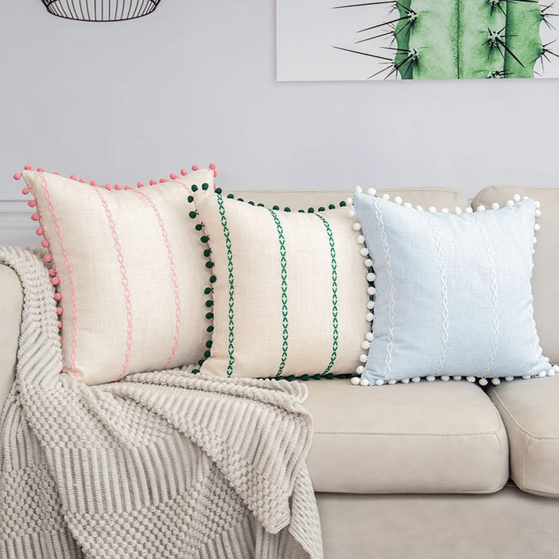 

Tassel Cushion Cover with Pompom Polyester 50x50cm Square Pillowcase Beige Blue Green Pink Cushions Home Living Room Decoration