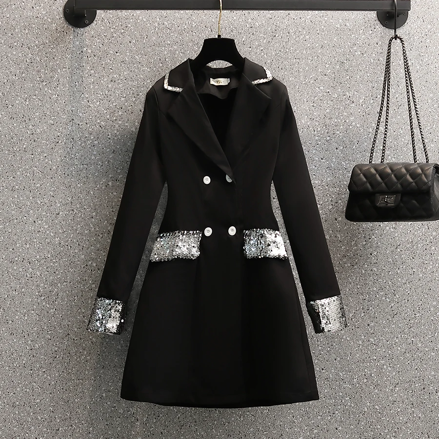 

Women Long Sleeve Sequined Patchwork Blazer Dresses 4XL Office Ladies Elegant Notched V Neck High Waist A-line Vestido