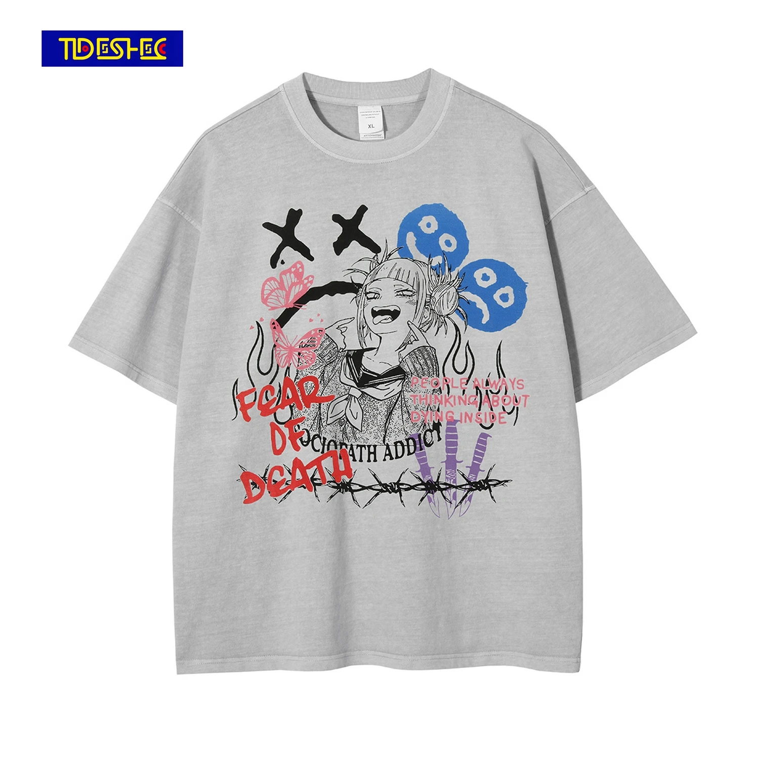 

Промытая футболка с мультяшным аниме, забавная Футболка с принтом для девочек, повседневная хлопковая блузка оверсайз, новая футболка с кор...