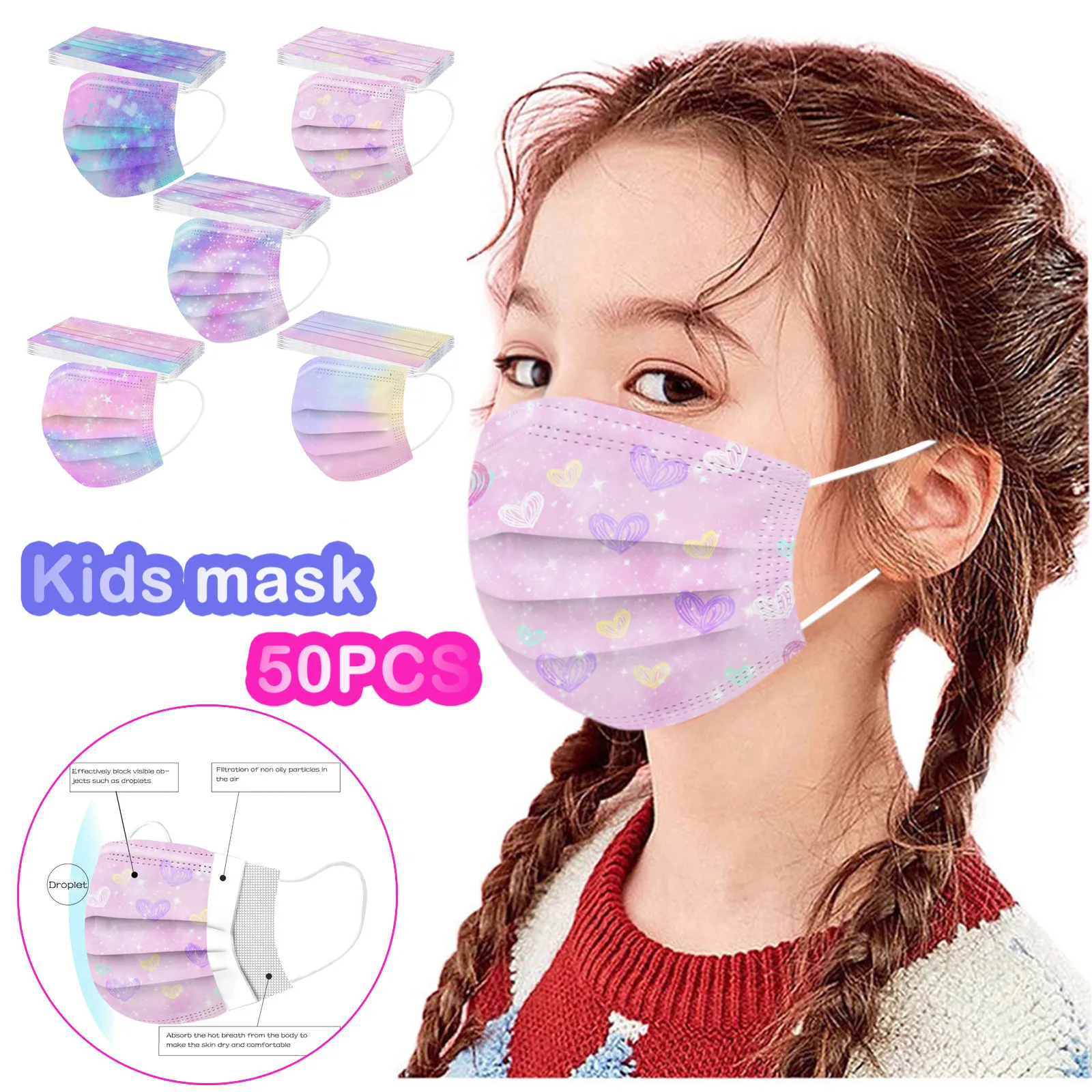 

50PCS Christmas Halloween Party Masks Children Gradient Star Printed Three-Layer Dust-Proof Disposable Mask Cosplay Costume