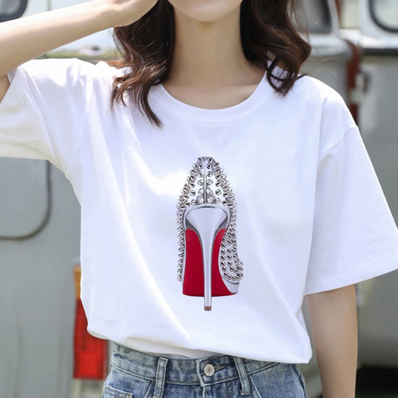 

Women T-Shirt Fashion Girl's High Heels Print Women Harajuku Ulzzang TShirt Summer Tops Tee 90s Girls Graphic Woman Clothing