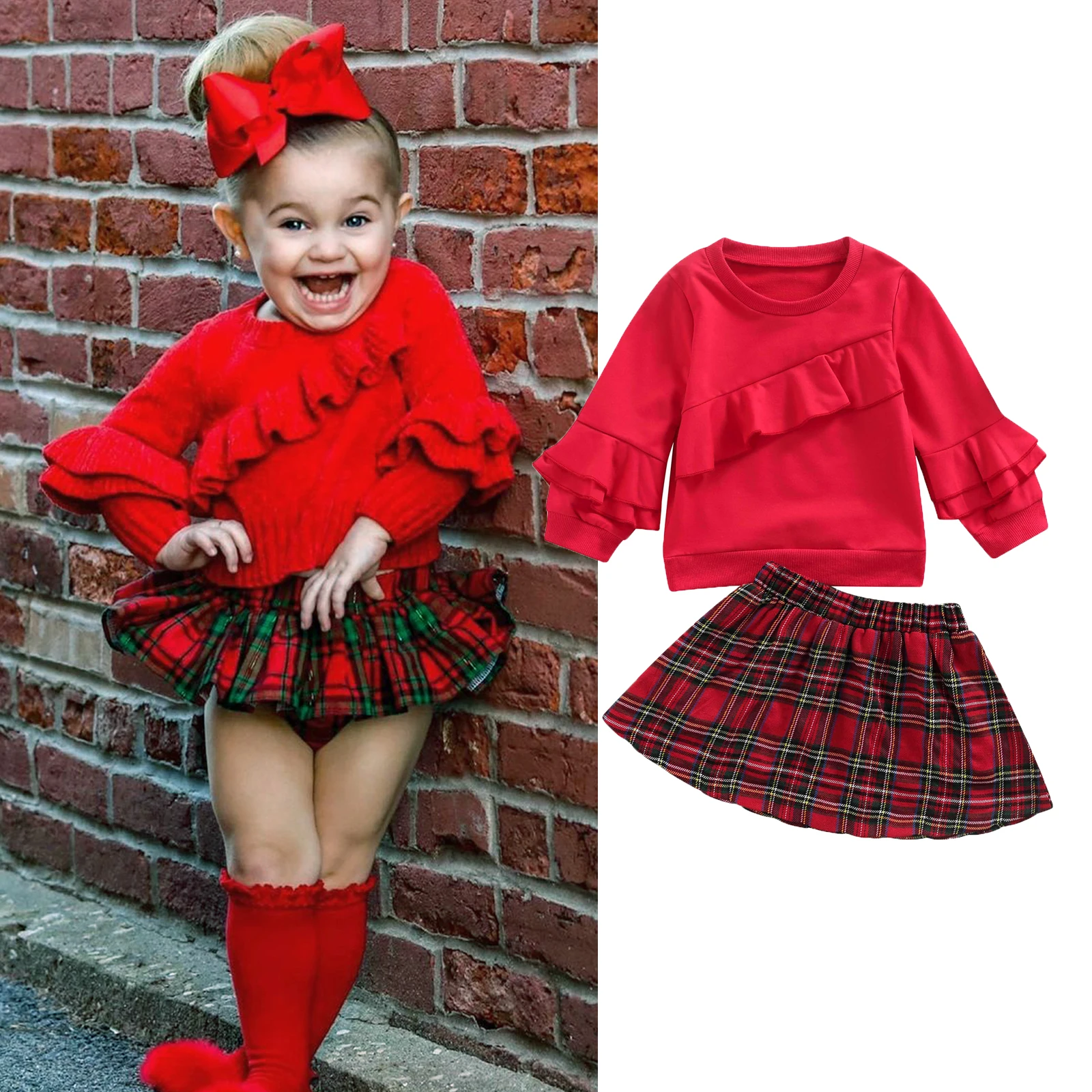 

0-5Y Christmas Lovely Baby Girls 2pcs Clothes Sets Ruffles Long Sleeve Pullover Sweatshirt Tops Plaid A-Line Skirts Fall Outfits