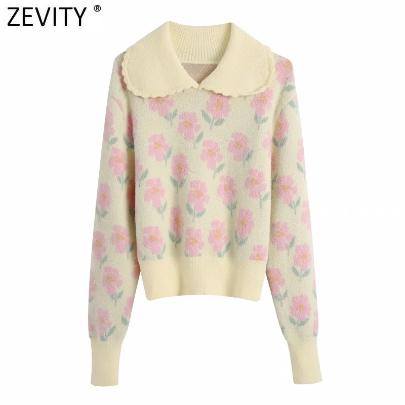 

Новинка, Женский вязаный свитер Zevity с цветочным принтом, Женский шикарный Повседневный пуловер с оборками и отложным воротником, базовые бр...