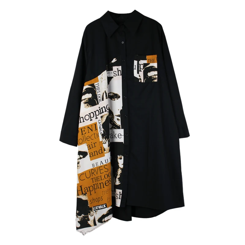 

White Shirt Dress Cotton Chiffon Patchwork Plus Size Women 2021 New Spring Summer Black Fashion Print Work Lady Dresses