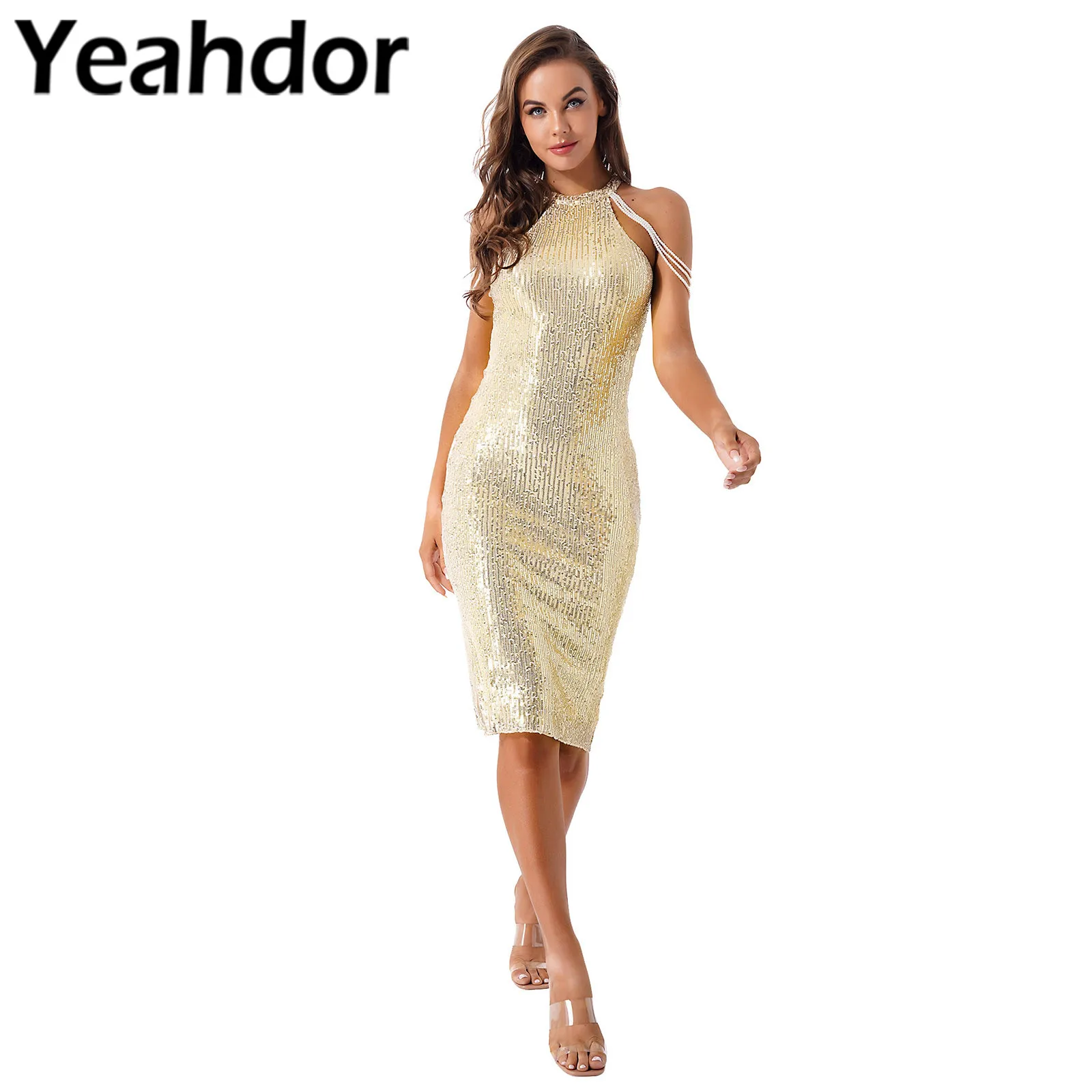 

Evening Dresses Women Elegant Sequin Party Dresses Halter Neck Bodycon Dresses Vestidos De Festa Cocktail Party Wedding Dress