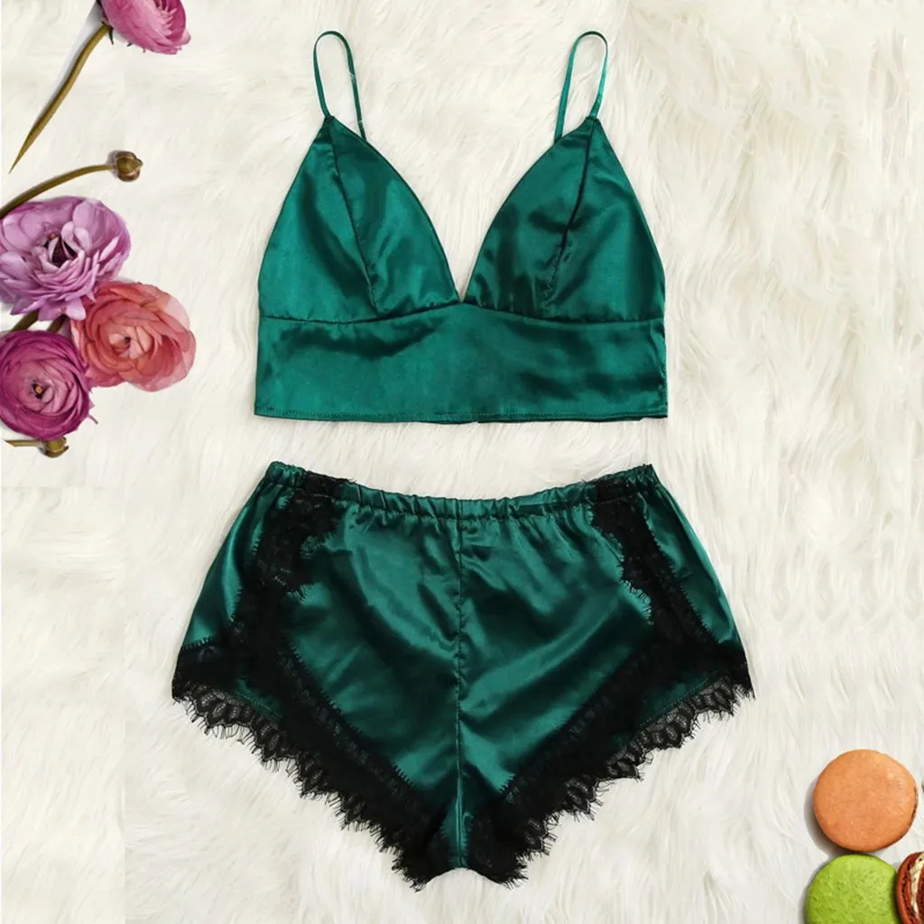 2019 Women's Sexy lingerie Bra Set Women Satin Lace Trim Shorts Sleepwear Backless Pajamas Dropship FDropship FD | Женская одежда