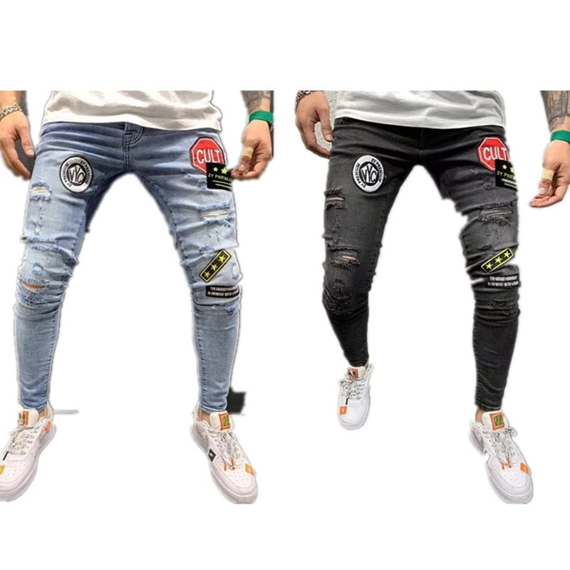 

Европейские и американские мужские джинсы, облегающие повседневные Стрейчевые брюки с вышивкой, мужские брюки-карандаш, размеры S-3XLштаны