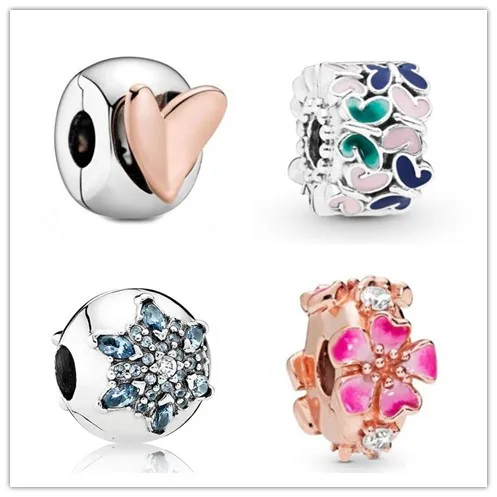 

925 Sterling Silver Bead Charm Rose Peach Blossom Flower Clip Stopper Beads Fit pan Bracelet & Necklace Diy Jewelry