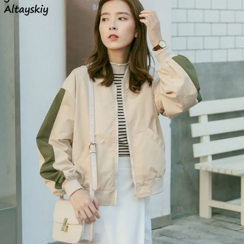 

Jackets Women Baseball Outwear Short Style Students Leisure Exercise with Zipper Pockets Korean Womens Patchwork Fashionable New