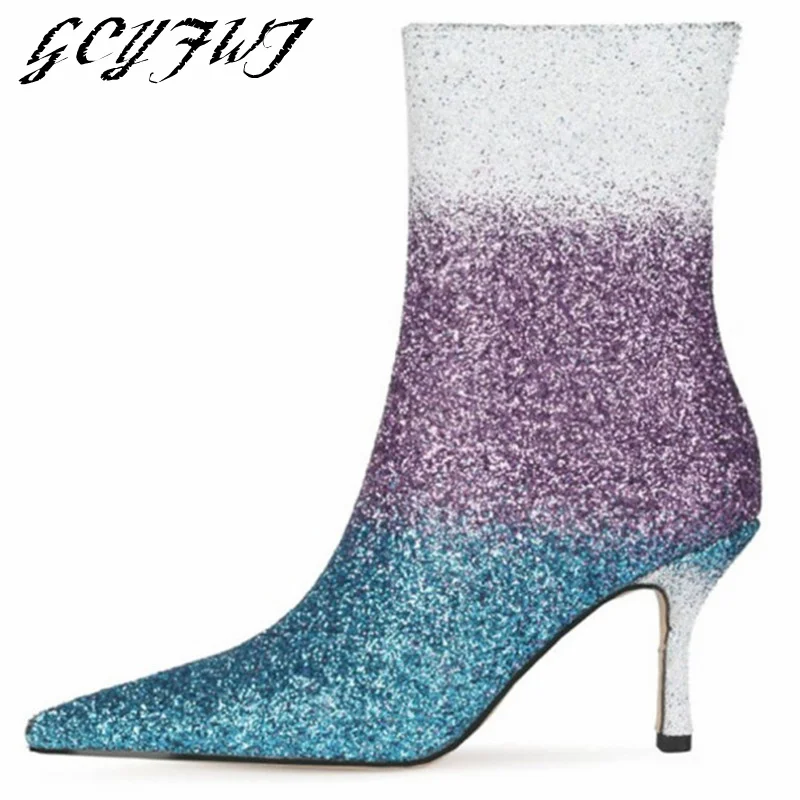 

Women Ankle Boots Mixed Colors Symphony Sequins Pointed Toe Thin Heels Ladies Shoes Zipper-Sid Breathable Sexy Chaussure Femme