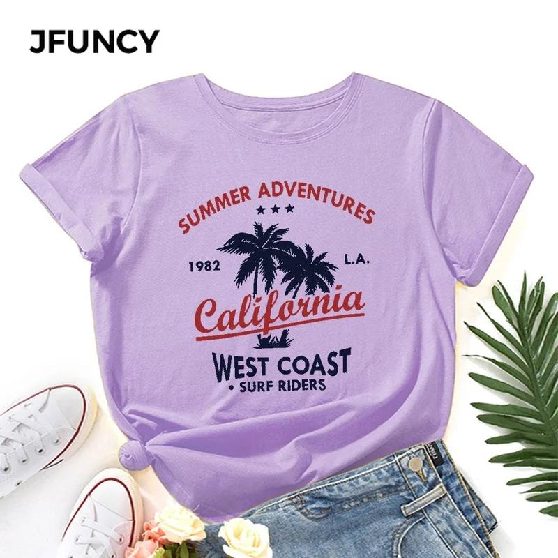 JFUNCY Summer Women Cotton T Shirt Letter Print Loose Tees Woman Short Sleeve T-shirt Oversize 5XL Female Casual Tops