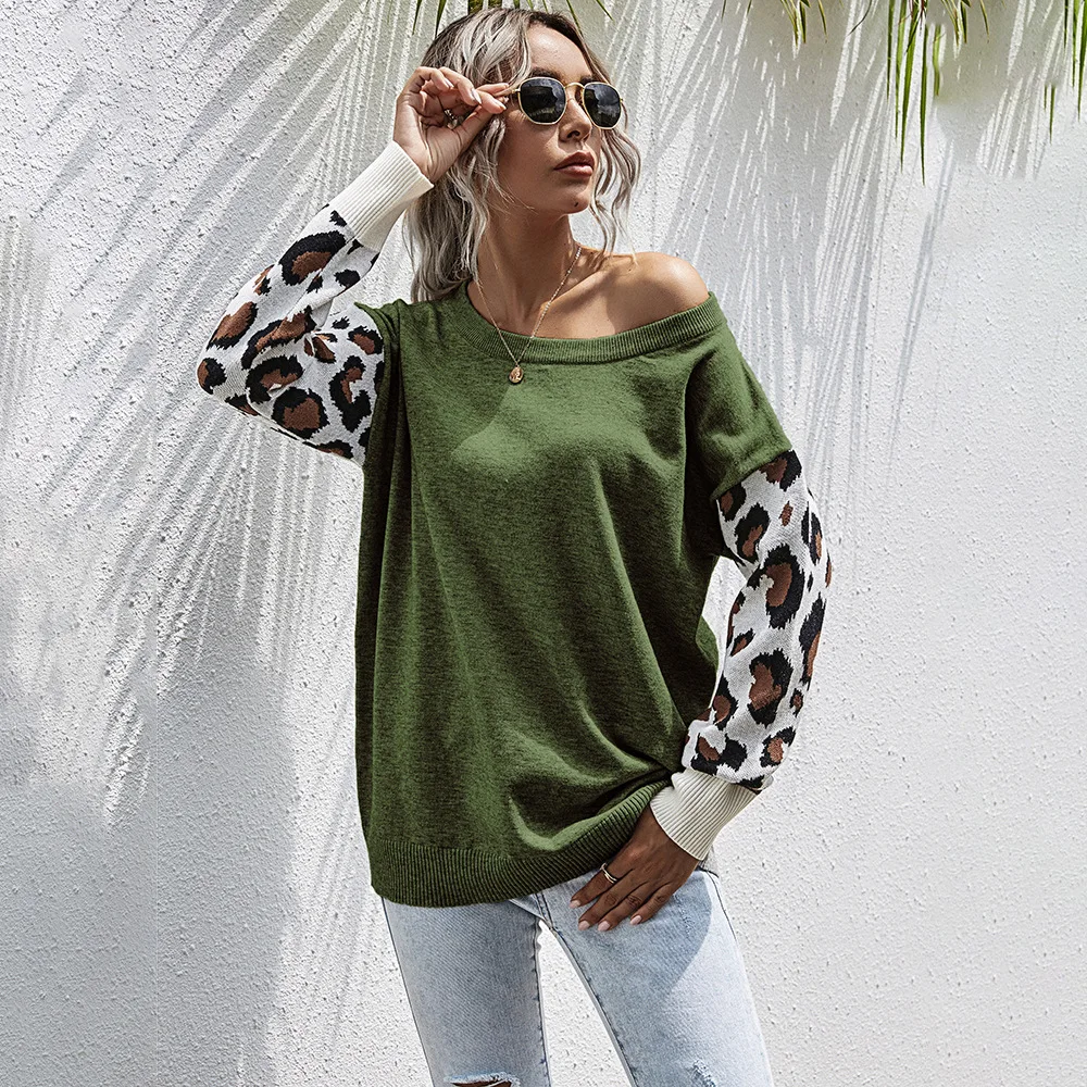

Leopard Print Women Knitted Sweaters 2020 Autumn Women's Clothing Loose Casual Grey Sweater Female Pullover Jumper Female Tops