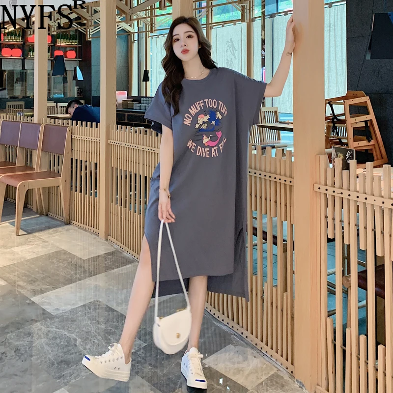 

NYFS Summer Dress 2021 Korean New Short Sleeve Woman Dress Vestidos Robe Elbise Loose Printing grid long Dress