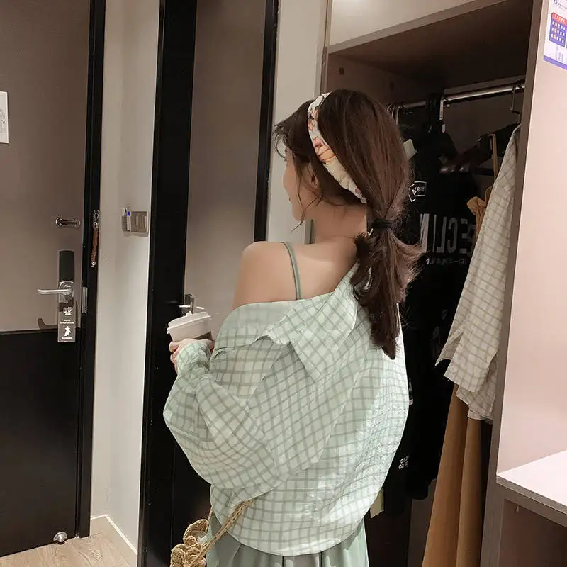 Женские комплекты из блузки в клетку и эластичного платья на груди лето 2019| |