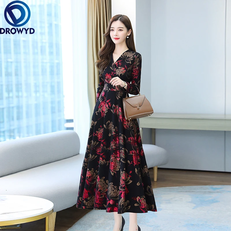 

Women Long Bohemian Dress 2021 Ladies Ruffle Maxi Vestidos Casual Print Robe Femme Autumn Puff Sleeve Sundress Party Vestidos