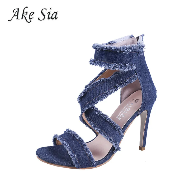 Босоножки женские джинсовые на высоком каблуке винтажные сандалии молнии сзади