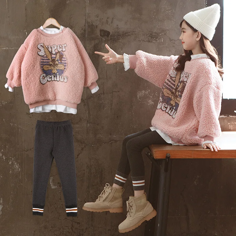 

Soft Winter Spring Autumn Sweater Pant Warm Kids Girl Plus Velvet Lamb Wool Trousers Outfits Baby Boutique Toddler High Quality